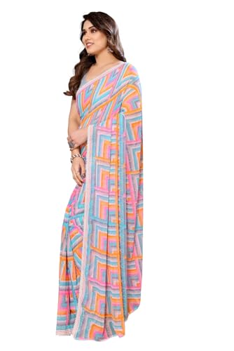 Image of ROOP SUNDARI SAREES Readymade Pleated Pre Drape Stitched Floral Printed Georgette Saree For Women's With Lace Border & Blouse(Ready To Wear One Minute)