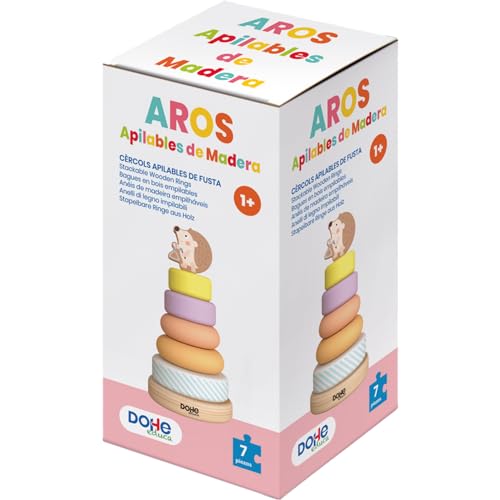 Image of DOHE Educa - Stackable Wooden Baby Hoops - 5 Coloured Rings and Base, Funny Hedgehog for the Top, Children's and Educational Material