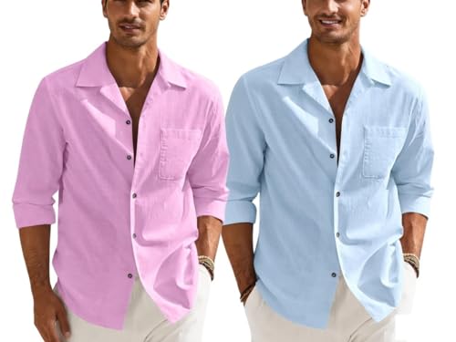 Image of Combo of Men's Casual Cotton Blend Shirt || Long Sleeve Button Down with Spread Collar | Lightweight Breathable Fabric | Stylish Solid Shirt for Beach, Office & Everyday Wear Pack of 2
