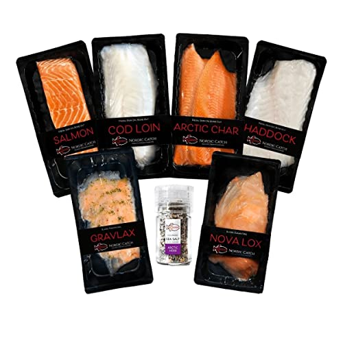 Nordic Catch, Taste of Iceland Fresh Seafood Bundle with Icelandic Salmon, Cod, Arctic Char, Haddock, Gravlax, Nova Lox & Arctic Herb Sea Salt - Never Frozen Fish, Sealed at the Source - 6 packs, 3lbs