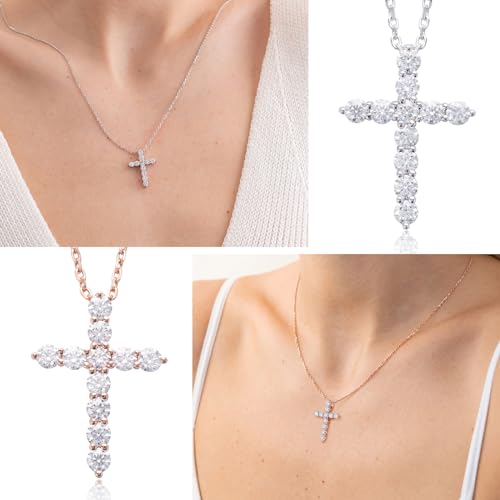 Ladylike Moissanite Cross Pendant Necklace for Women with 11 Pieces of 3mm D VVS1 Moissanites 18K Gold Plated Sterling Silver Small and Exquisite16+2”inches Necklace Chain3