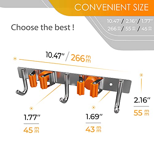 Sayoneyes Screw And Adhesive Broom Holder Wall Mount - Heavy Duty Sus304 Stainless Steel Broom And Mop Holder For Laundry Room, Garden, Garage (2 Racks 3 Hooks - Orange) #TOP3