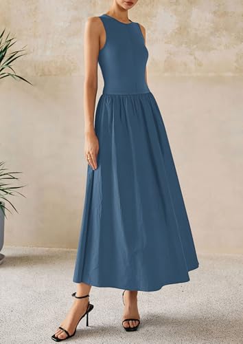 Image of PRETTYGARDEN Maxi Dresses for Women 2026 Summer Casual Sleeveless Patchwork Flowy Vacation Sundress Knit Long Work Tank Dress