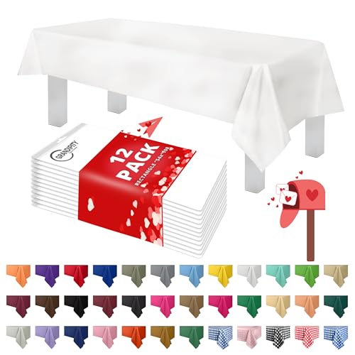 Grandipity 12 Pack Premium Disposable Plastic Tablecloth 54 Inch. x 108 Inch. with 0.3mm Thickness Table Cover - White