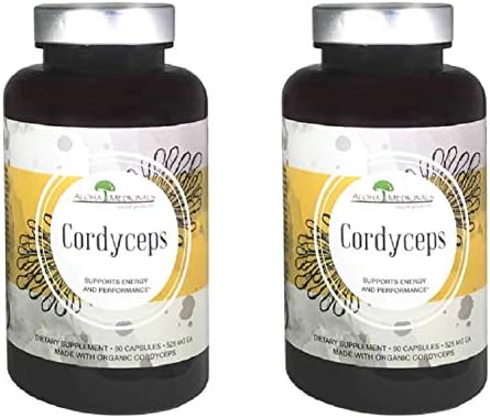 Aloha Medicinals - Pure Cordyceps - Certified Organic Mushrooms – Cordyceps Militaris – Cordyceps Sinensis - Supports Immunity, Energy and Stamina - 525mg - 90 Vegetarian Capsules (2 Pack)