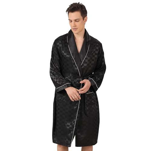 Haseil Men's Kimono Robe with Shorts Satin Bathrobe Silk Pajama Long Sleeve Lightweight Sleepwear Set, Black, XL