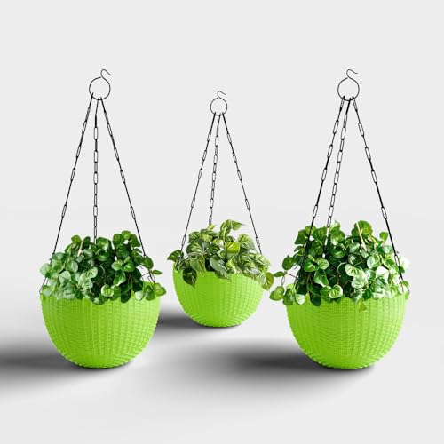 Image of YUCCABE ITALIA SHERA URO-Basket Plastic Flower Pot with Drainage Holes Round Planter Pot Suitable for Inddor Outdoor Kitchen (Green, 8 INCH - 3 Pcs)