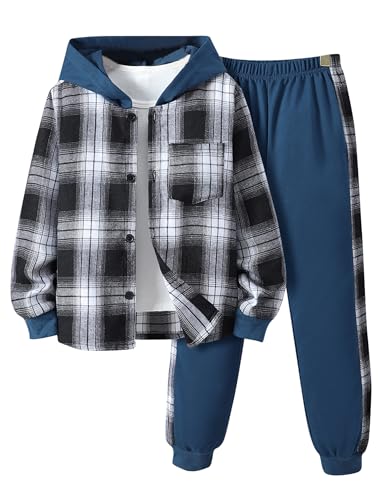 Image of Kids Toddler Boys 2 Piece Outfit Plaid Color Front Button Down Hoodie Sweatshirt and Jogger Sweatpants Sets
