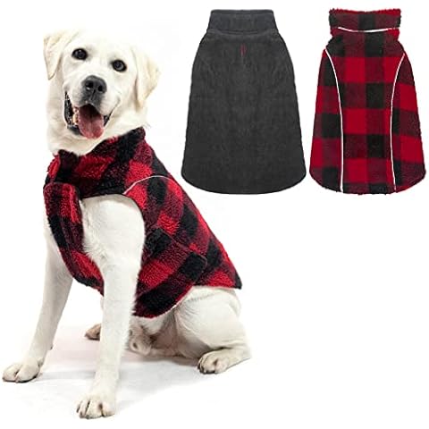 Dog Winter Coat, Double-Sided Polar Fleece Cold Weather Dog Coats, Pet Reflective Plaid Warm Jacket for Medium Large Dog Cover