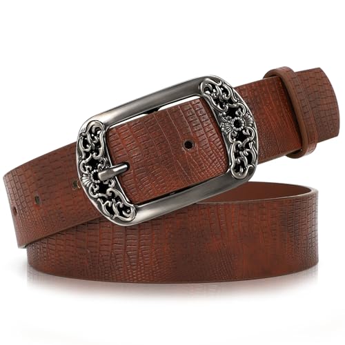 SUOSDEY Womens Leather Belts Western Vintage Women's Belt with Engraved Buckle Ladies Belt for Jeans Pants