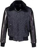 Man's B-15 Flight Bomber Baseball Grey Wool & Genuine Black Leather Sleeves with Fur Collar Zipper Jacket (L, Grey)