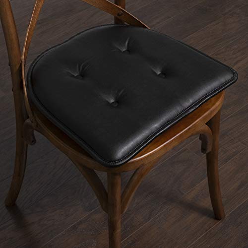 Sweet Home Collection Chair Cushion Memory Foam Pads Tufted Slip Non Skid Rubber Back U-Shaped 17" X 16" Seat Cover, Faux Leather Black 4 Count #TOP4