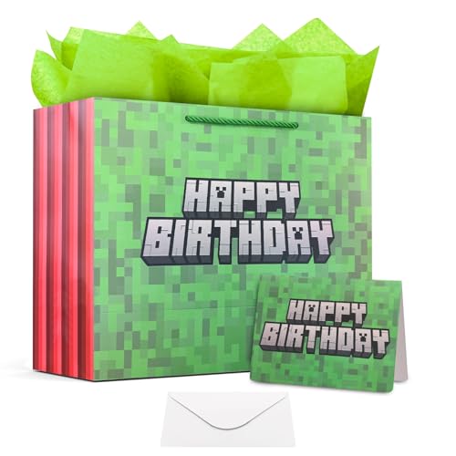 Dvngrt Birthday Goodie Bags Pixel Party Favor Bags with Tissue Paper Greeting Card Envelope for Birthday Party