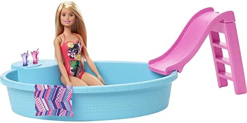 Barbie Doll and Pool Playset with Pink Slide, Beverage Accessories and Towel, Blonde Doll in Tropical Swimsuit
