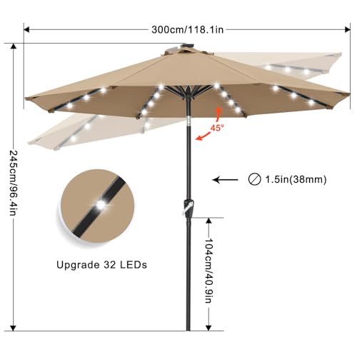 Image of ABCCANOPY 10FT Durable Solar Led Patio Umbrellas with 32LED Lights (Khaki)