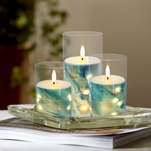 Image of Flickering Flameless Candles Blue Marble Embedded Star String Lights, Battery Operated Acrylic LED Pillar Candles with 11-Key Remote and Timer for Home Decoration, 3 Pack