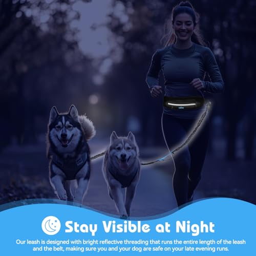 Nobleza Joggingleine für 2 Hunde mit Bauchgurt, Freihändig Laufleine für Hunde, Reflektierend Elastisch Laufleine zum Joggen Laufen Wandern