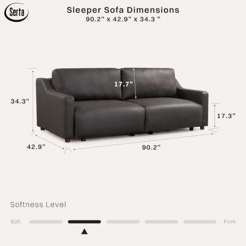 Image of Serta Glendale 90.2 inch Queen Size Wall-Hugging Convertible Sofa, Dreamcoil Comfort, Vegan Suede Fabric, Charcoal