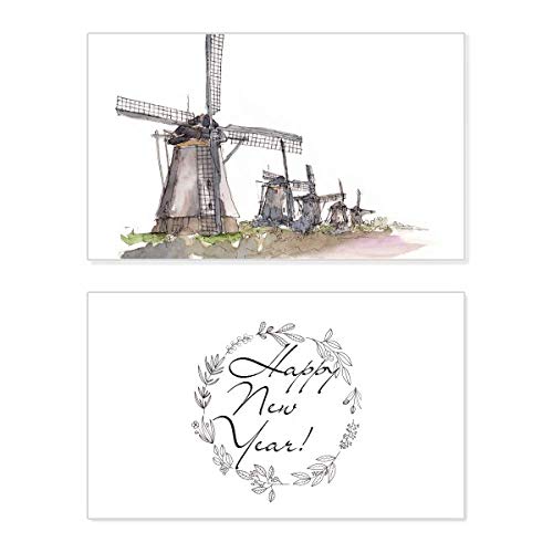 Tarjeta conmemorativa de Año Nuevo con Molino de Holanda y dedicatoria