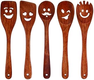 HANSGO 5PCS Wooden Cooking Spoons, Funny Wooden Utensil Set Wood Spatulas with Smile Faces Cute Kitchen Accessories, Best Cooking Gifts for Housewarming Wedding Holidays