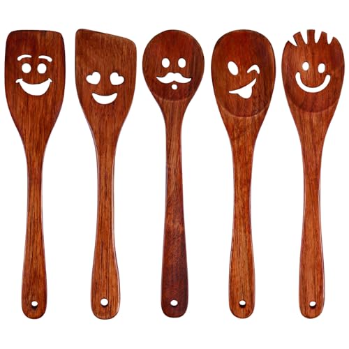 HANSGO 5PCS Wooden Cooking Spoons, Funny Wooden Utensil Set Wood Spatulas with Smile Faces Cute Kitchen Accessories, Best Cooking Gifts for Housewarming Wedding Holidays