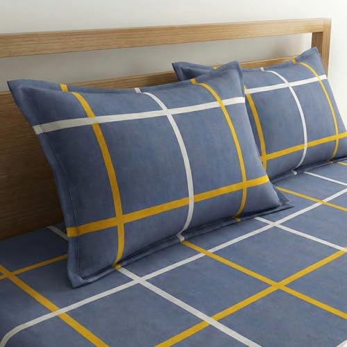 Image of Home Sizzler 210 TC Microfibre Gingham Check Double Fitted Bedsheet (72X78 inch) with 2 King Size Pillow Covers