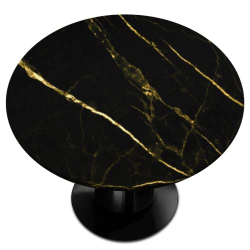 AUUXVA Round Table Cloth Gold Black Marble Fitted Round Tablecloth with Elastic, Polyester Washable Table Cover for 36-42In Diameter Patio Table Party Holiday Home Decor