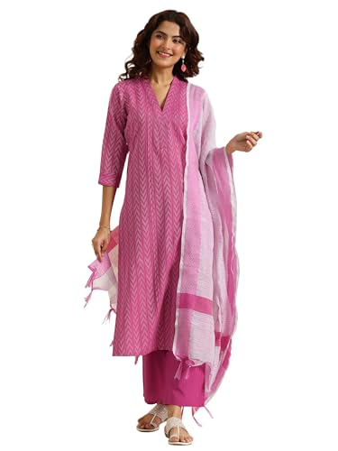 Image of Libas Woven Design Cotton Blend Straight Kurta With Trouser and Dupatta