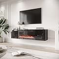 EROMMY 70'' Floating TV Stand with 36'' Electric Fireplace, High Gloss Finish Entertainment Center with 12 Flame Fireplace Insert Heater, Fireplace TV Console for TVs up to 80'' for Living Room, Black