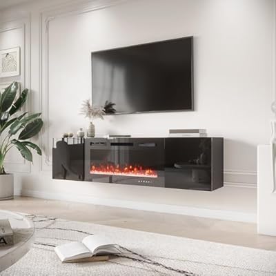 EROMMY 70'' Floating TV Stand with 36'' Electric Fireplace, High Gloss Finish Entertainment Center with 12 Flame Fireplace Insert Heater, Fireplace TV Console for TVs up to 80'' for Living Room, Black