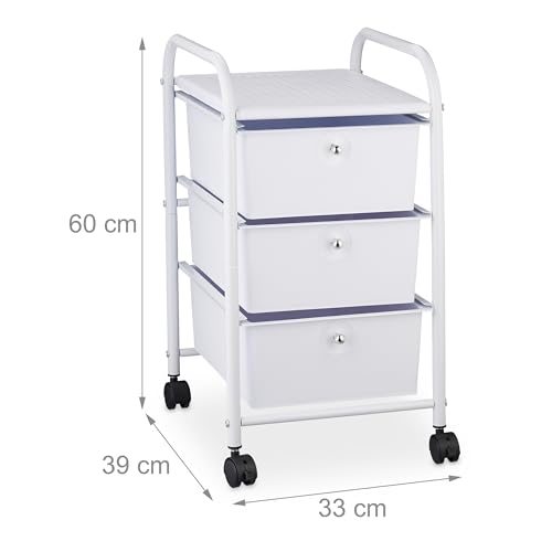 Relaxdays Badrollwagen, 3 Schubladen, Metall & Kunststoff, Rollcontainer Bad, Kosmetik, HxBxT: 60 x 33 x 39 cm, weiß, 1 Stück