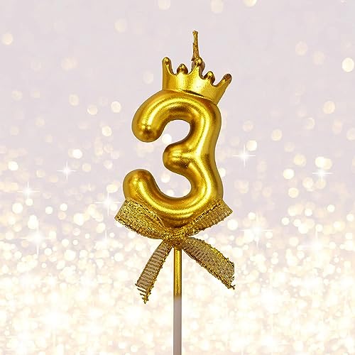 Image of 1 Pc 3 Number Candle for Birthday Cake Metallic Gold Number 3rd Birthday Cake Decoration Three Candle with Crown on Top Cake Topper 0-9 Number Candles for Anniversary (Pack of 1, Gold)