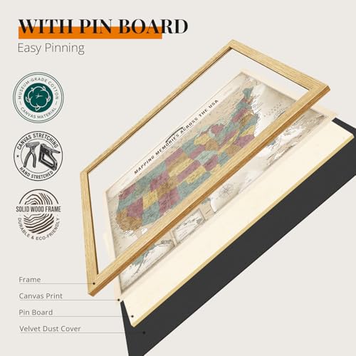 Image of DECORARTS - Personalized Push Pin Travel Map USA, Custom Name, Pin Board Canvas Wall Art, Soft Vintage Pastel United States Decor, Optional Wood Frame, Giclee Print, Handcrafted in USA, 20x16''
