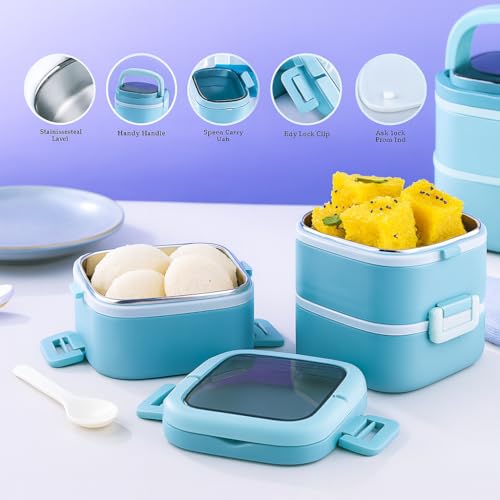 Image of 3 Layer Stainless Steel Insulated Lunch Box-Tiffin Box for Kids,Adults| Leak Proof Double Wall Lunchbox for Office, School Use with Spoon & Lid -Color May Vary (Square)