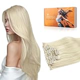 DOORES Przedłużki do włosów z klipsem, ludzkie włosy, platynowy blond, 61 cm, 7 szt., 120 g, naturalne włosy Remy, proste, grube włosy