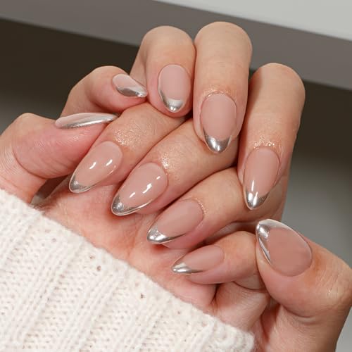 KQueenest French Tip False Nails with Glue, Chrome Sliver Press on Nails Short Almond, Glitter Sparkly Fake Nails Press ons Stiletto, Reusable Soft Gel Stick on Nail for Women, 24 Pcs
