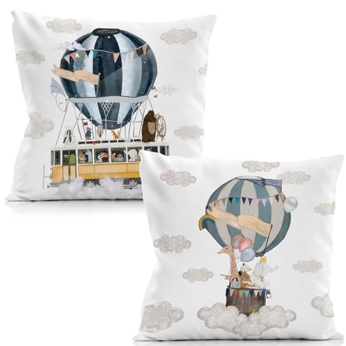 LUVADIAN Hot Air Balloon Pillow Covers 18x18 Set of 2 - Woodland Nursery Decor, Kids Room for Girls Boys, Playroom Decorative Pillows