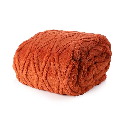 Double Sided Jacquard Fleece Throw Blanket 200×230cm Soft Flannel Diamond Check Pattern Blanket for Sofa Bed Lounge Office Travel Skin-Friendly Warm Breathable Machine Washable Pumpkin Orange