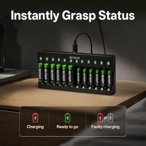 Image of BEVIGOR 12 Bay Battery Charger AA AAA for NiMH Rechargeable Batteries