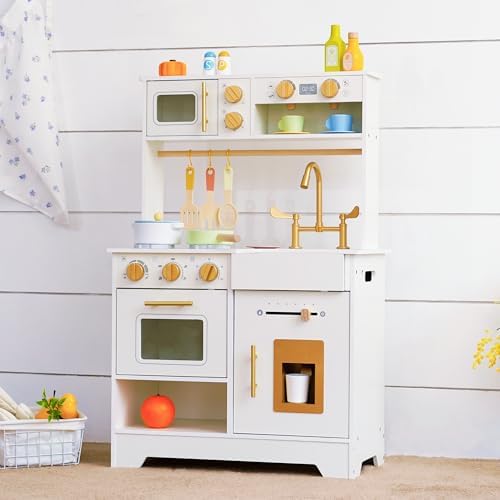 White Wooden Play Kitchen for Kids with Ice Maker, Sink, Stove and Storage