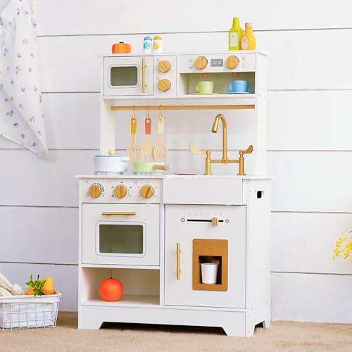 Image of White Wooden Play Kitchen for Kids with Ice Maker, Sink, Stove and Storage | Small Pretend Cooking Set with Oven, Microwave, Utensils and Storage for Montessori Role Play, Ages 3+