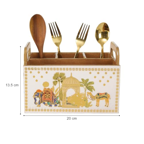Image of Multipurpose MDF Wooden Cutlery Holder| Enamel Coated |Waterproof Spoon Stand with 4 Compartments for Kitchen, Dining Table & Home Decor (Royal Camel)