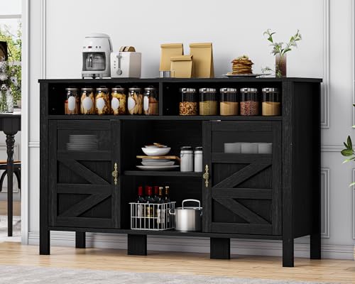 DWVO 55'' Farmhouse Buffet Cabinet with Storage, Large Sideboard Cabinet with 2 Doors & Open Storage, Versatile Coffee Bar Table for Kitchen & Living Room (Black)