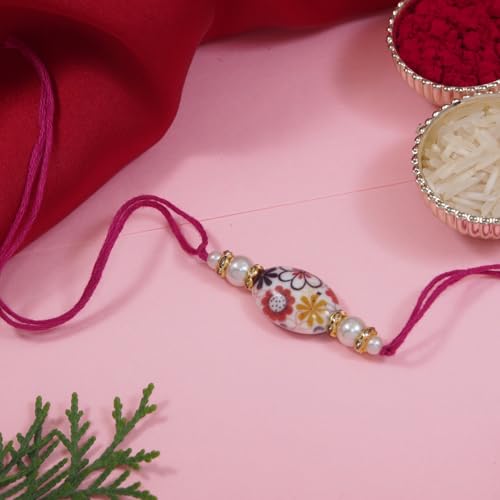 Image of I Jewels Pearl Bhaiya Bhabhi Lumba Rakhi Bracelet Combo Set With Roli Chawal & Rakshabandhan Greeting Card