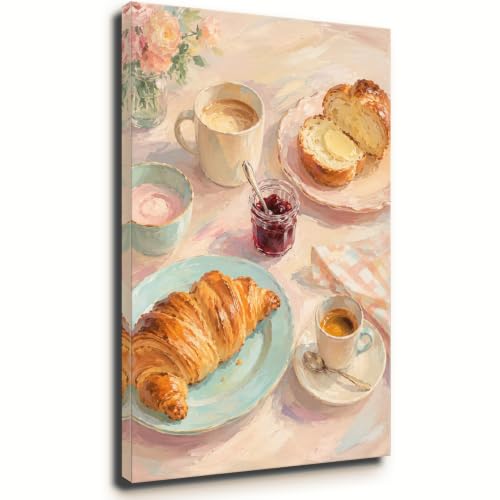 French Croissant Framed Canvas Wall Art, Pink Coffee Breakfast Painting