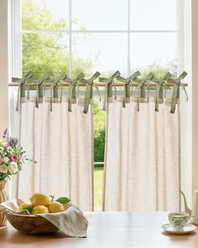 jinchan Crude Linen Kitchen Tier Curtains 30 Inches Green Tie Top 2 Panles