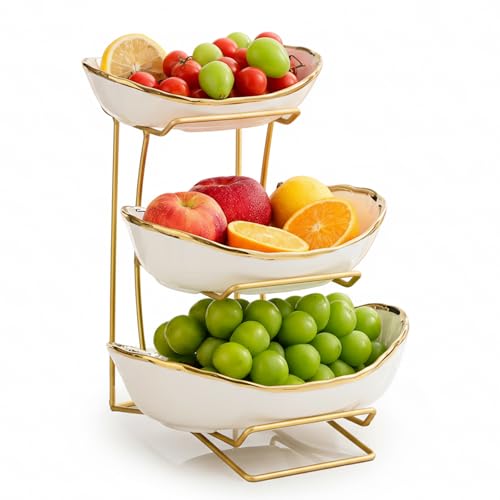 MEIGLQEA Gold Silver Fruit Bowl with Metal Stand, 3 Tier Ceramic White Fruit Bowl Fruit Rack for Kitchen Counter, Tiered Fruit Basket for Snacks Bread Candy Storage (White A (Smooth Surface))