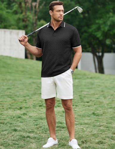 Image of JMIERR Mens Casual Polo Shirt Short Sleeve Vacation Button Summer Beach Knit Stretchy Golf Shirts