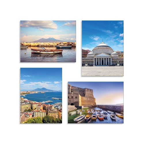 Set 4 Quadri 40x30 cm - Stampa su Tela con telaio in legno - Napoli – Panorama Napoli Vesuvio