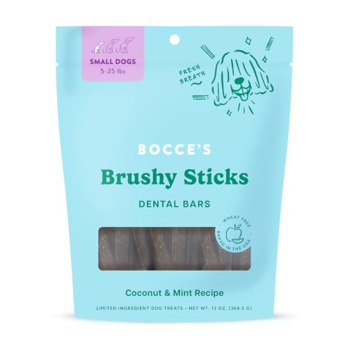 Bocces Bakery Dailies Brushy Sticks to Support Oral Health & Fresh Breath Wheat-Free Dental Bars for Dogs Made with Real Ingredients Baked in the USA Natural Coconut & Mint Recipe Small Dogs
